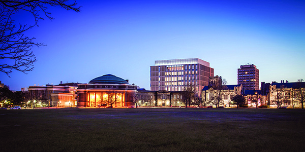 The Myhal Centre for Engineering Innovation & Entrepreneurship stands out against an INDIGO sky at sunset. The building embodies key engineering qualities such as collaboration across disciplines, experiential learning, leadership and entrepreneurship.