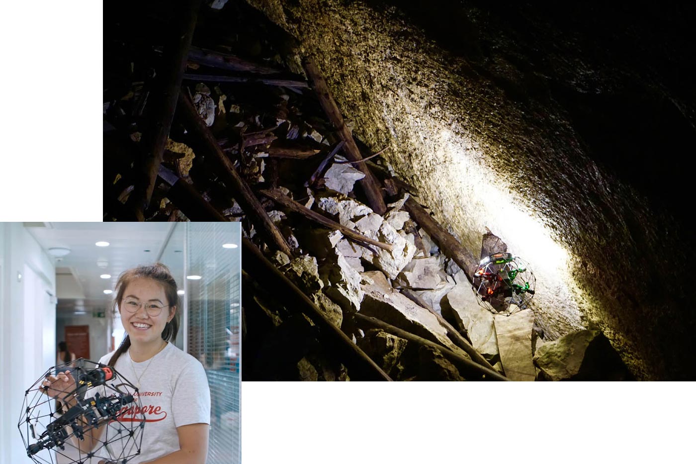 photo of student smiling and holding device and photo of debris