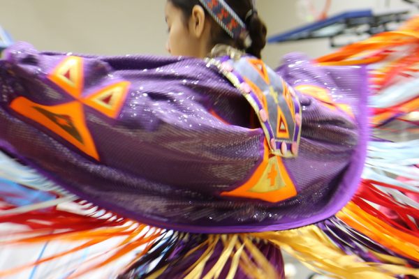 web-UofT16377_shawl purple yellow_credit Hannah James Traditional dancers performed at Saturday's powwow to celebrate Canada's indigeneity (photo by Hannah James)