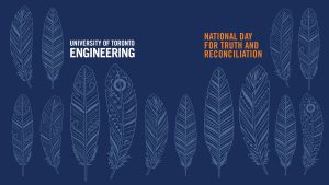 White text on blue background with white feather motifs reads: University of Toronto Engineering – National Day for Truth and Reconciliation.