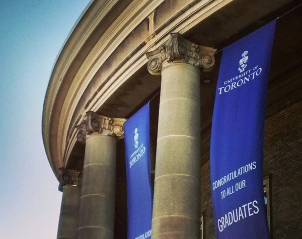 Blue convocation banners outside convocation hall