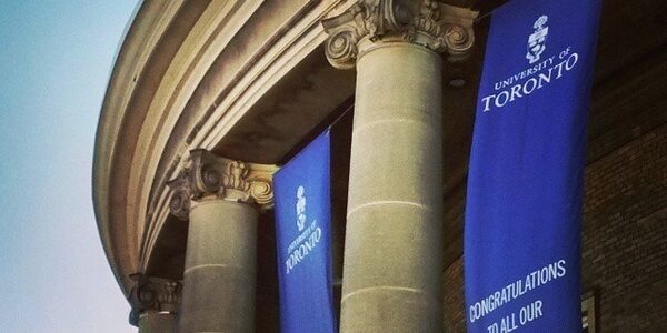 Blue convocation banners outside convocation hall